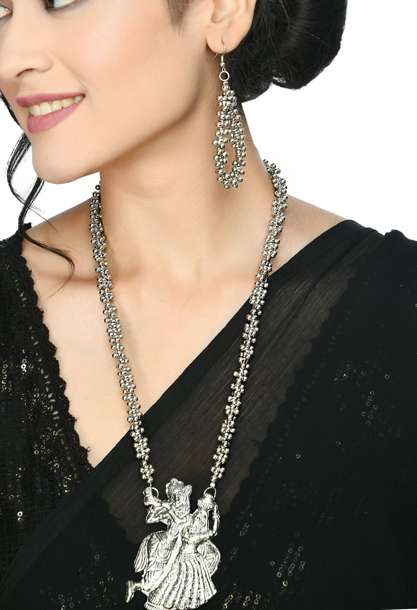 Mominos Fashion Johar Kamal Oxidised Silver-Plated Brass Finish Radha Kishan Long Necklace For Women | Swadesiicart