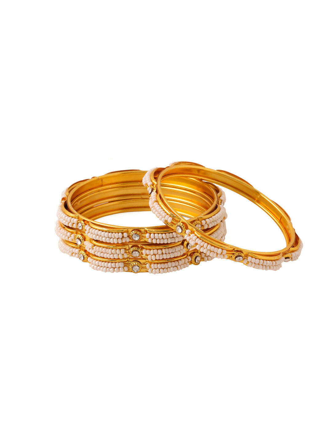 NVR Women's Set of 4 Gold-Polished Traditional Pearls Beaded Bangles - Swadesiicart
