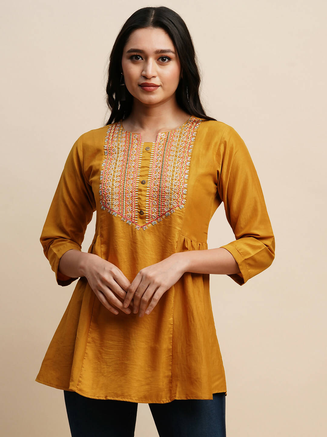 Mustard Chinon Embroidered Top - Tarini - Swadesiicart