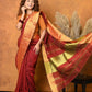 Very Much Indian Handloom Pure Cotton Linen Saree With Golden Border - Dark Maroon | Swadesiicart
