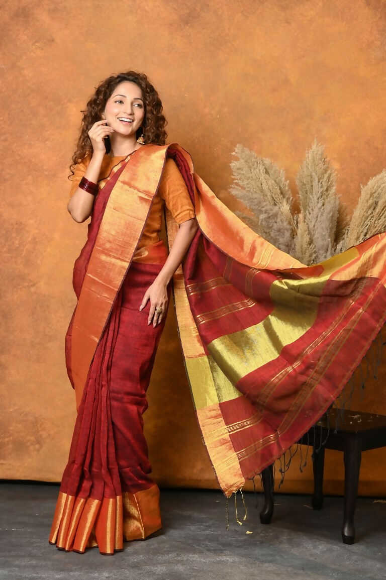 Very Much Indian Handloom Pure Cotton Linen Saree With Golden Border - Dark Maroon | Swadesiicart