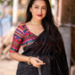 Black Pure Linen Ethnic Motifs Saree with Unstitched Blouse - Hiral Fashion | Swadesiicart