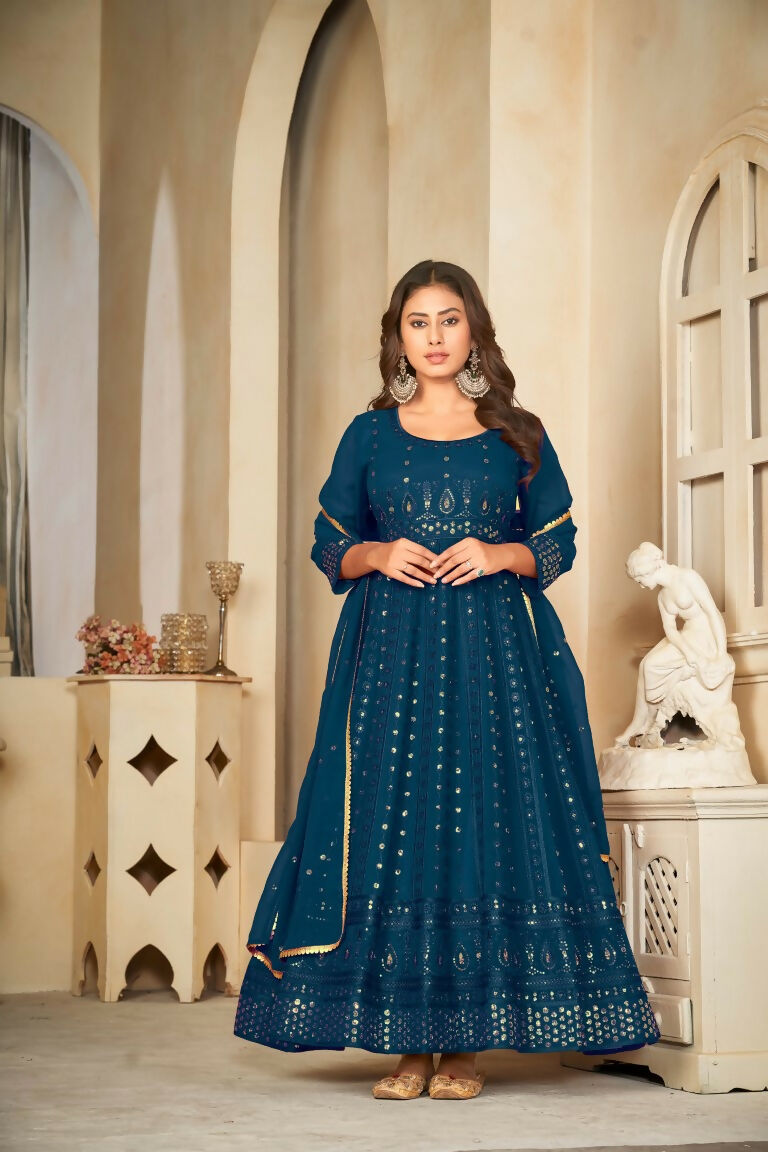 Jyoti Fashion Women's Rama Georgette Embroidered Anarkali Kurta Pant Set With Dupatta | Swadesiicart
