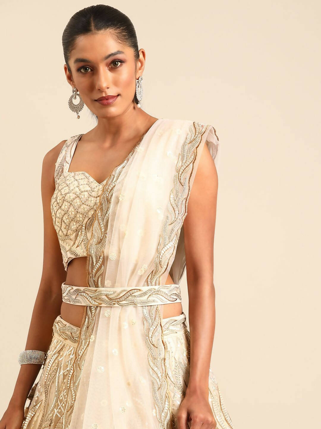 House of Panchhi Cream Net Sequins and Zarkan embroidery Lehenga choli & Dupatta | Swadesiicart
