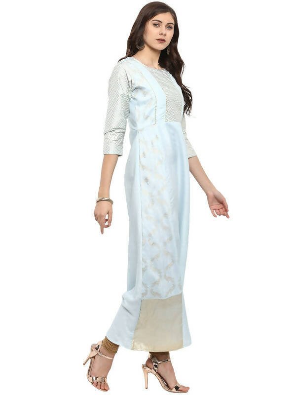 Ahalyaa Women Blue & Silver-Coloured Yoke Design A-Line Kurta | Swadesiicart