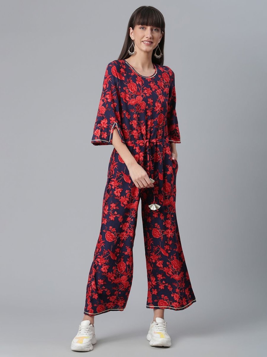 Ahalyaa Womens Navy & Red Rayon Printed Jumpsuit | Swadesiicart