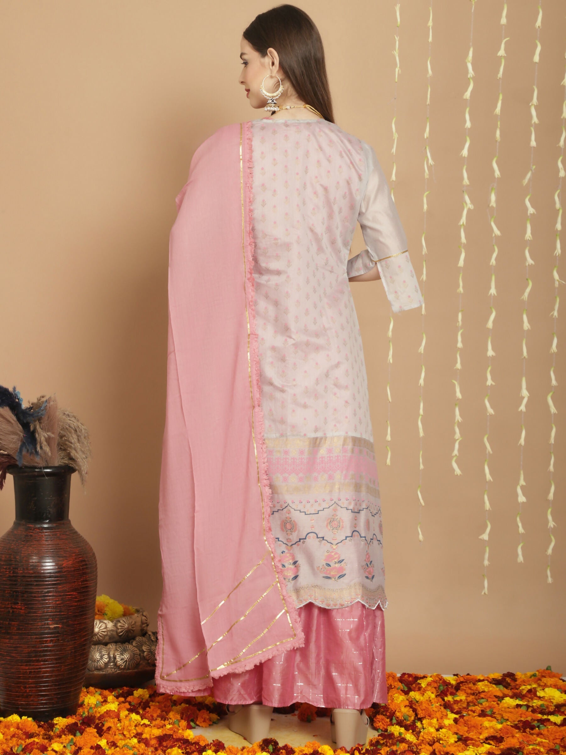 Jyoti Fashion Women's Grey Chanderi Silk Elegant Jardoshi Semi Kurta with Trouser & Dupatta | Swadesiicart