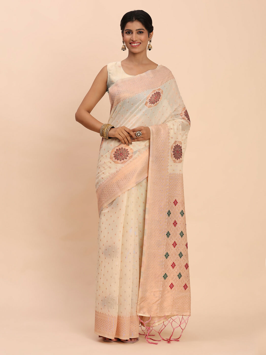Shree Shyam Fashion Linen Cotton Off White Saree