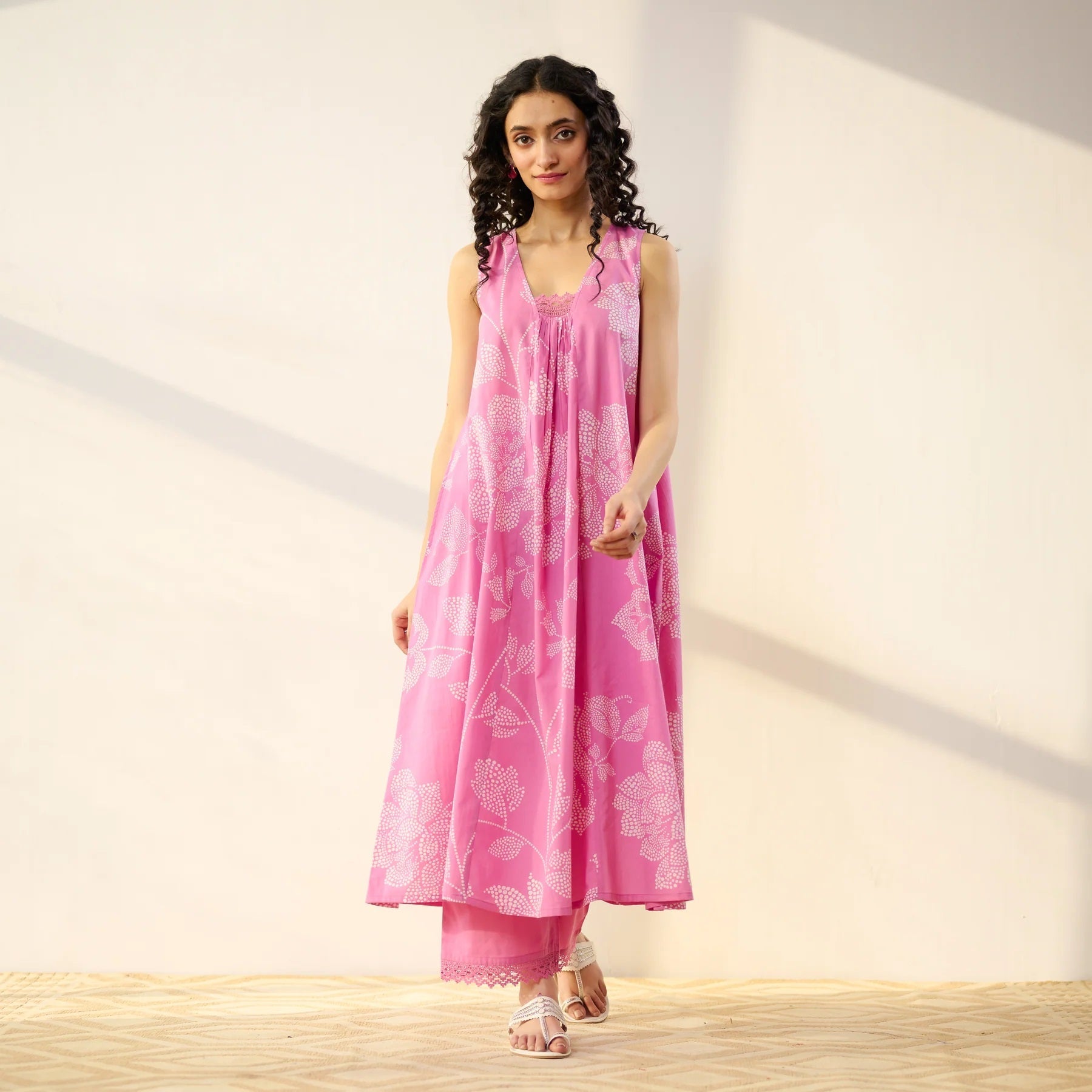 Pimu Women Floral Printed Pleated Pure Cotton Kurta with Palazzos-Pink - Swadesiicart