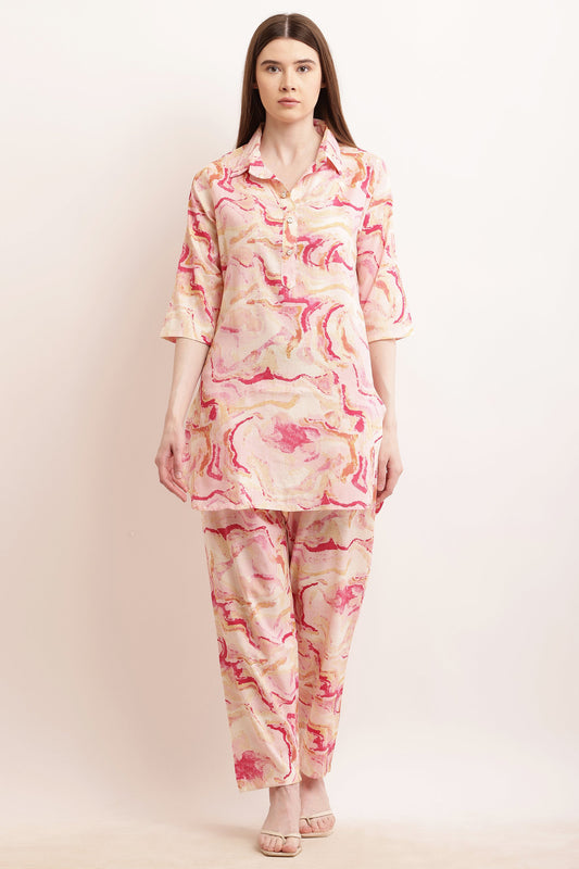 PAVONINE Pink Color Ted-Dye Printed Cord Set For Women - Swadesiicart