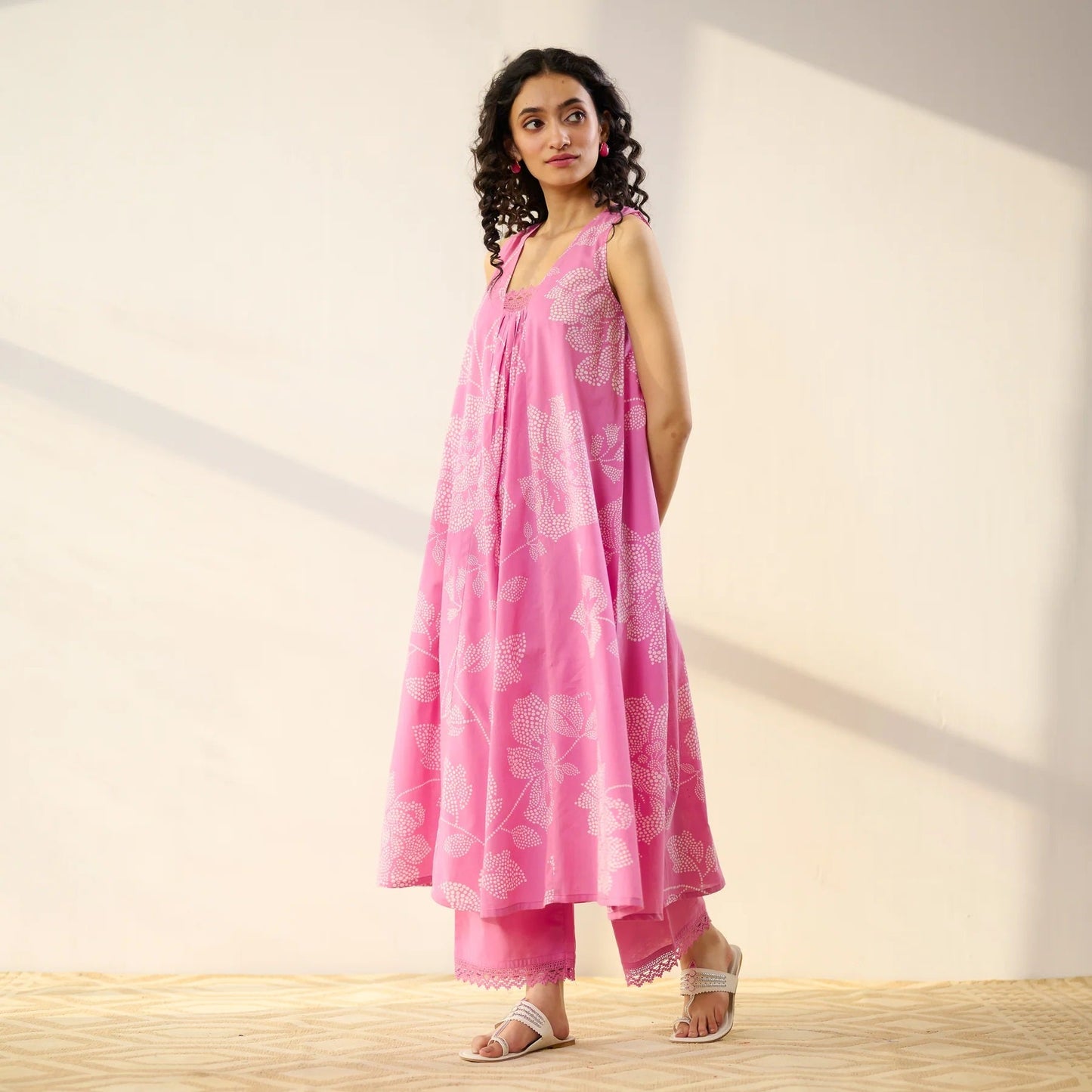Pimu Women Floral Printed Pleated Pure Cotton Kurta with Palazzos-Pink - Swadesiicart