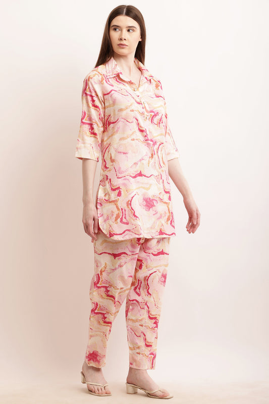 PAVONINE Pink Color Ted-Dye Printed Cord Set For Women - Swadesiicart