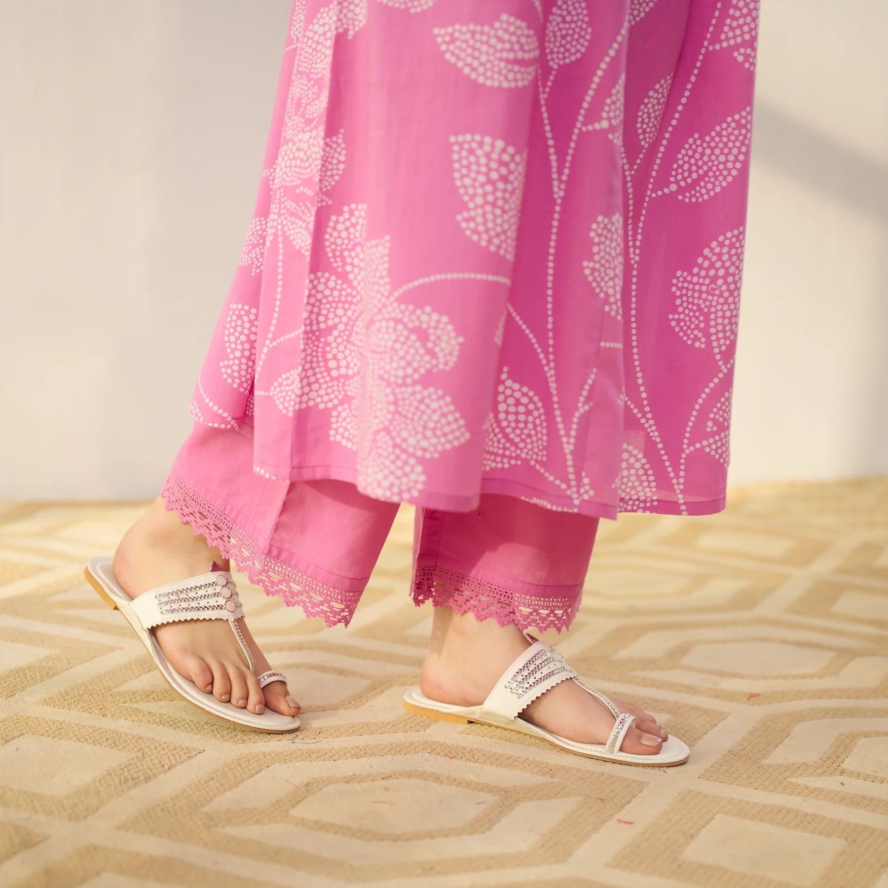 Pimu Women Floral Printed Pleated Pure Cotton Kurta with Palazzos-Pink - Swadesiicart