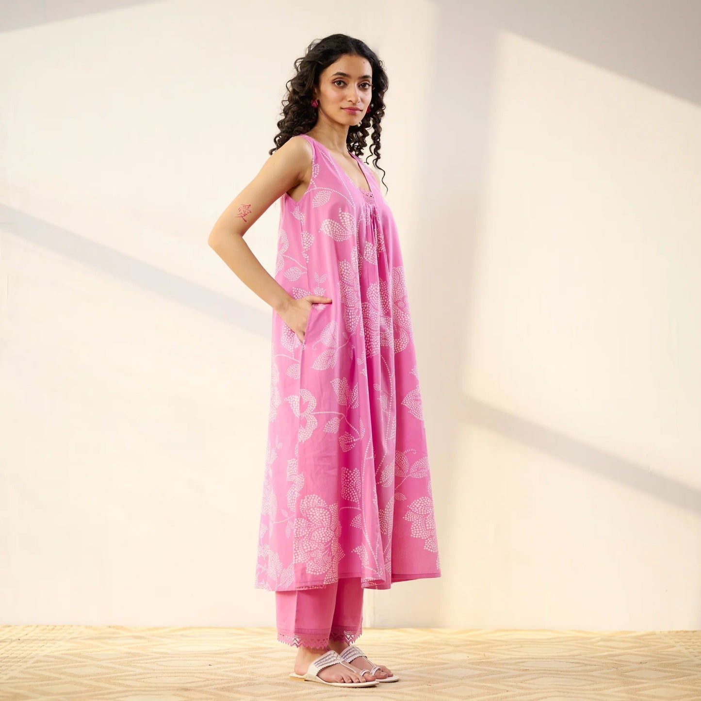 Pimu Women Floral Printed Pleated Pure Cotton Kurta with Palazzos-Pink - Swadesiicart