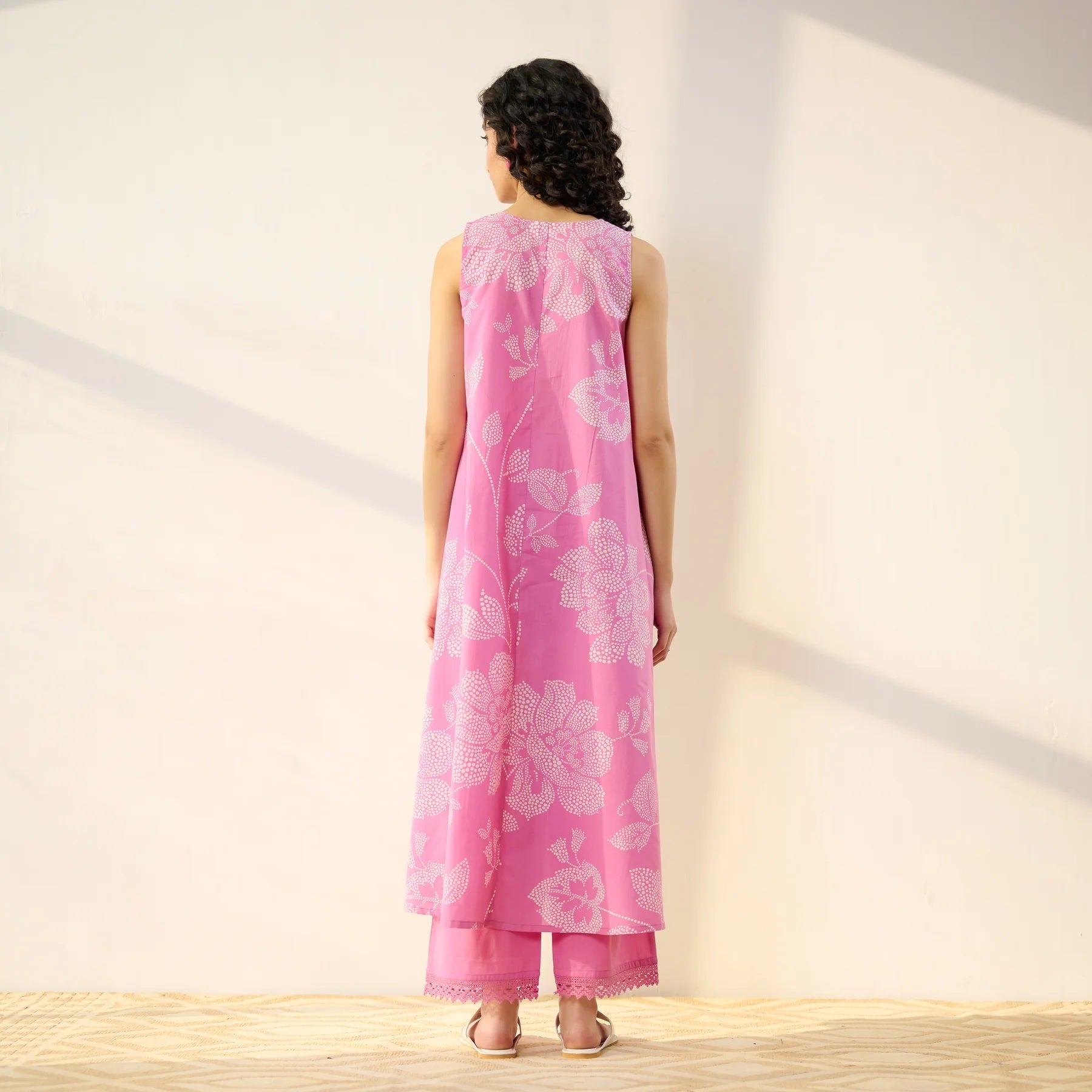 Pimu Women Floral Printed Pleated Pure Cotton Kurta with Palazzos-Pink - Swadesiicart