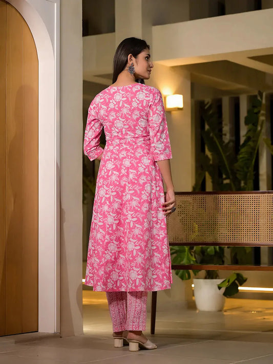Yufta Pink Cotton Anarkali Style Sequins_Work Kurta With Trousers And Dupatta Set - Swadesiicart