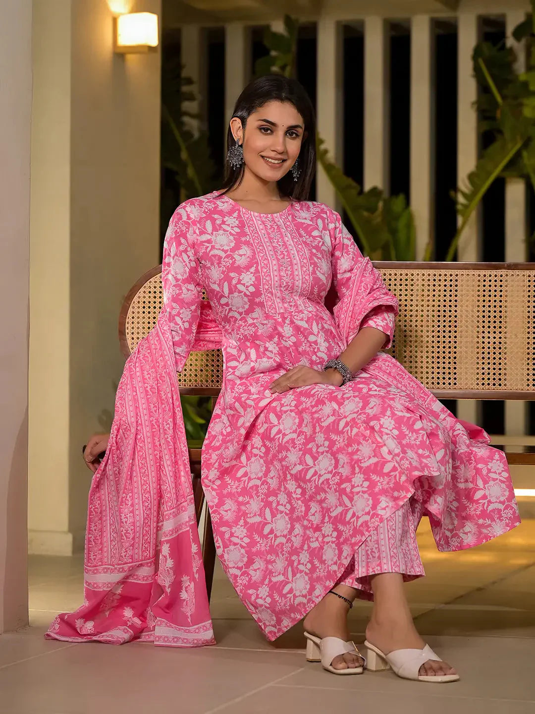 Yufta Pink Cotton Anarkali Style Sequins_Work Kurta With Trousers And Dupatta Set - Swadesiicart
