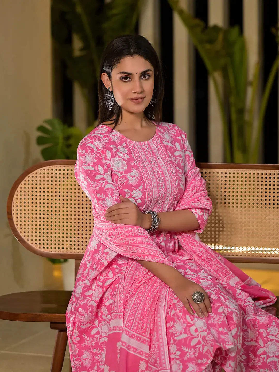 Yufta Pink Cotton Anarkali Style Sequins_Work Kurta With Trousers And Dupatta Set - Swadesiicart