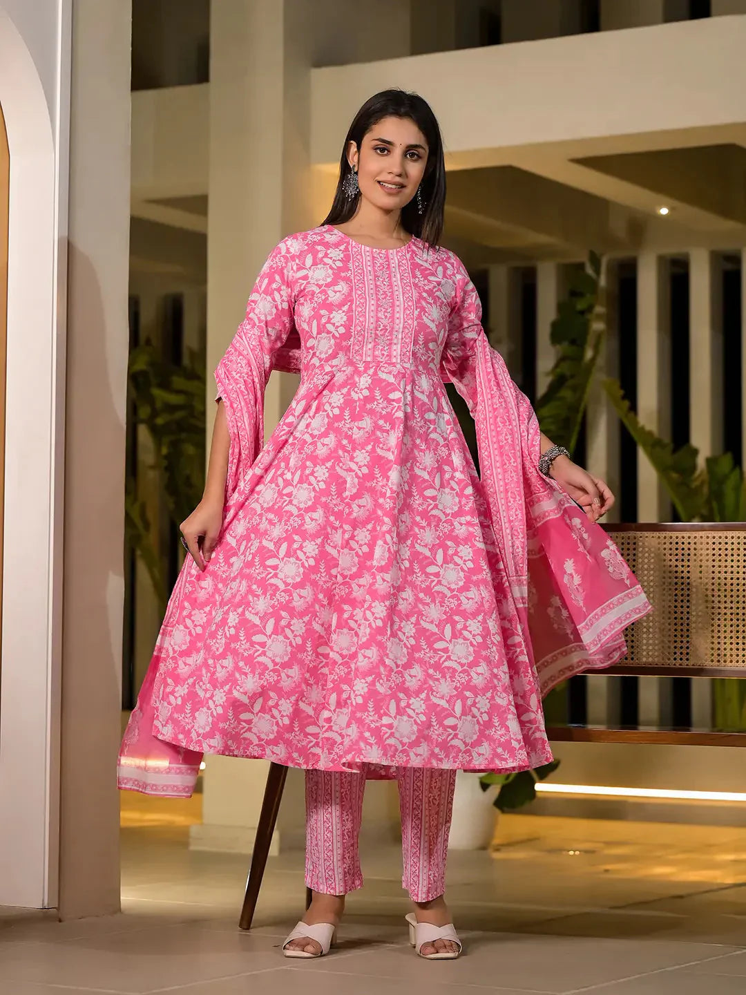 Yufta Pink Cotton Anarkali Style Sequins_Work Kurta With Trousers And Dupatta Set - Swadesiicart