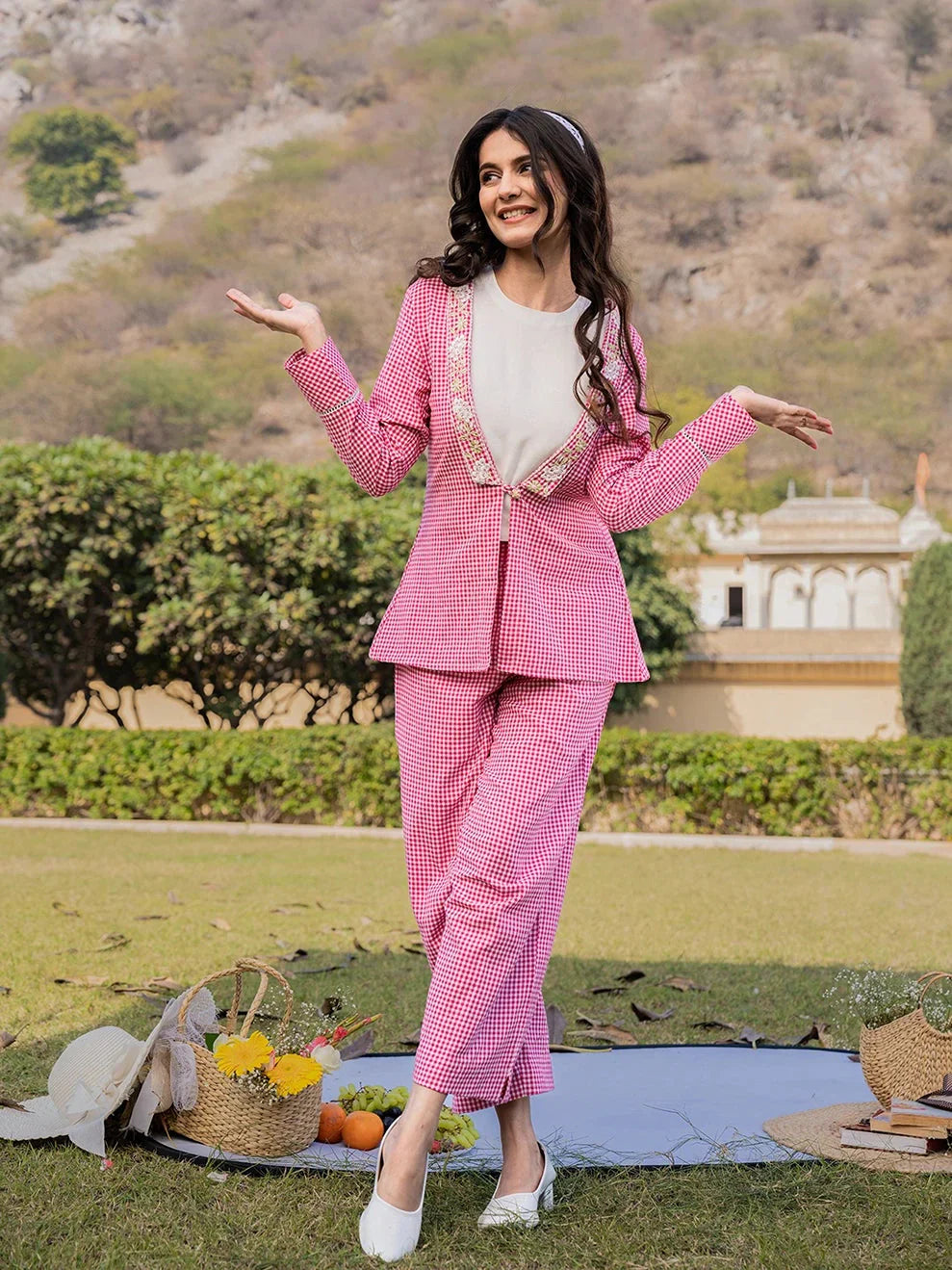 Yufta Pink Cotton Checks Print Shawl Neck Co Ord Set With Embroidery - Swadesiicart