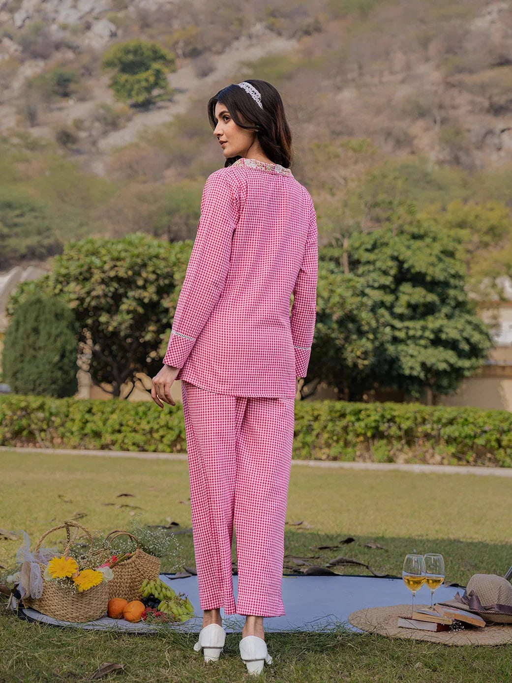Yufta Pink Cotton Checks Print Shawl Neck Co Ord Set With Embroidery - Swadesiicart