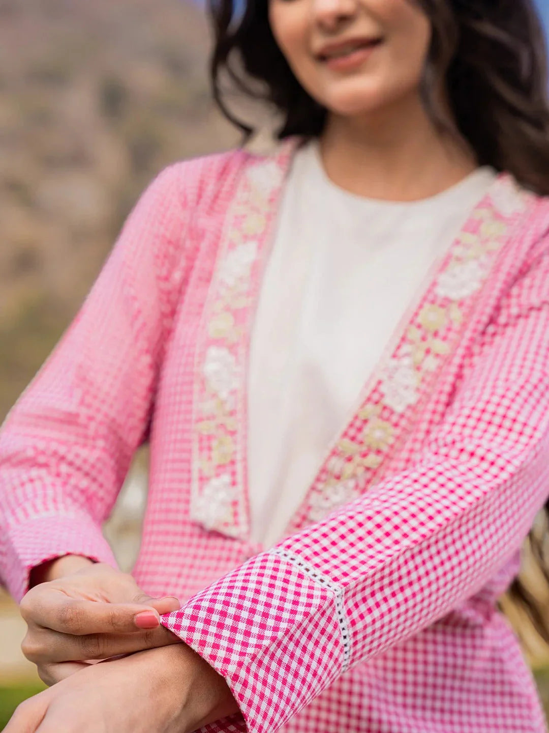 Yufta Pink Cotton Checks Print Shawl Neck Co Ord Set With Embroidery - Swadesiicart