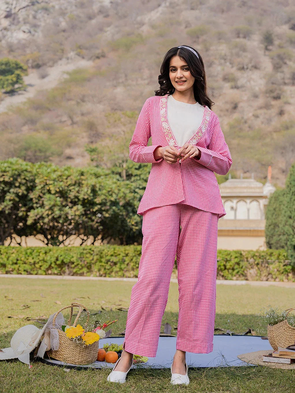 Yufta Pink Cotton Checks Print Shawl Neck Co Ord Set With Embroidery - Swadesiicart