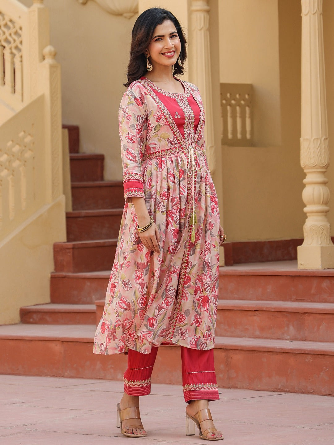 Yufta Pink Embroidered shrug Crop top co ord set - Swadesiicart