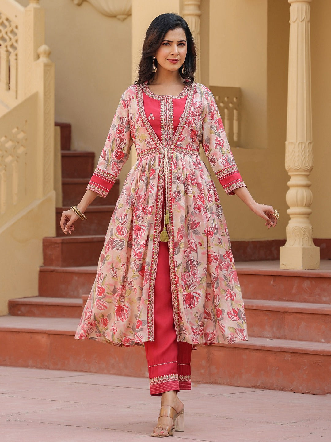 Yufta Pink Embroidered shrug Crop top co ord set - Swadesiicart