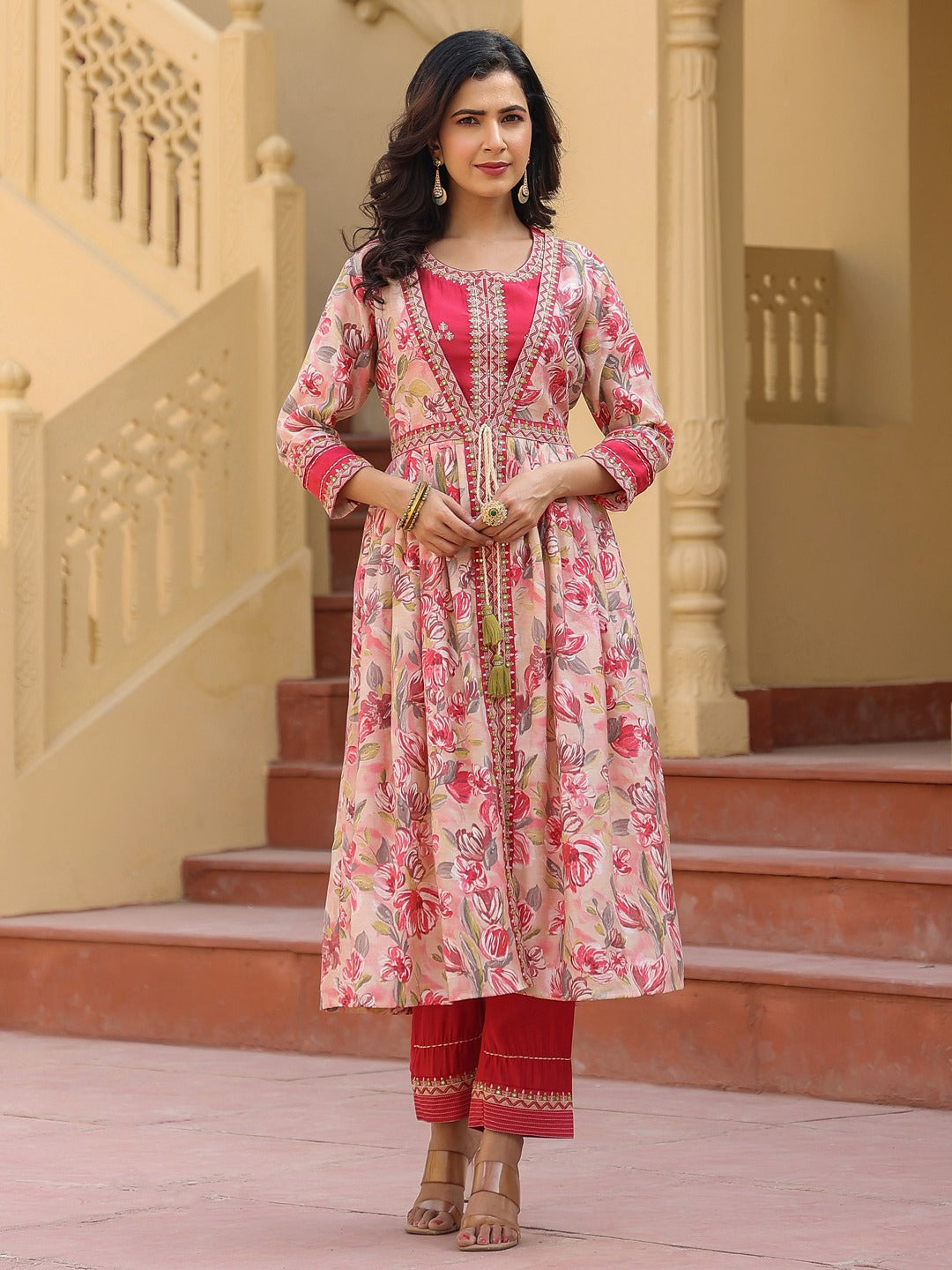 Yufta Pink Embroidered shrug Crop top co ord set - Swadesiicart