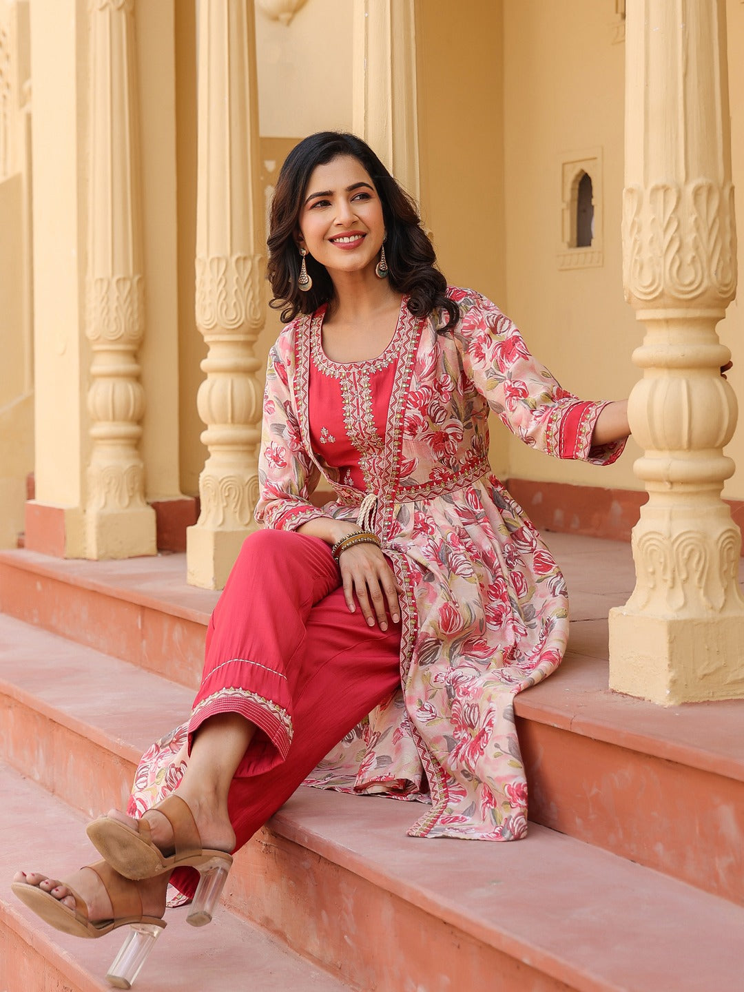 Yufta Pink Embroidered shrug Crop top co ord set - Swadesiicart