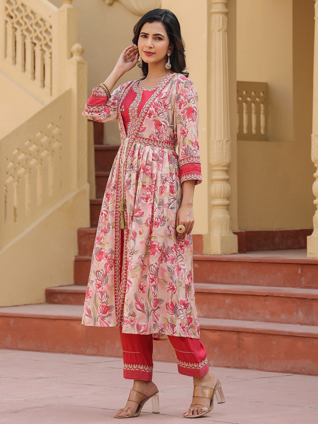 Yufta Pink Embroidered shrug Crop top co ord set - Swadesiicart