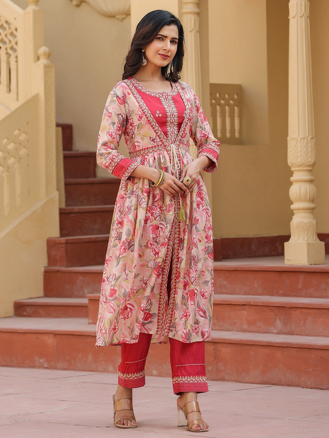 Yufta Pink Embroidered shrug Crop top co ord set - Swadesiicart