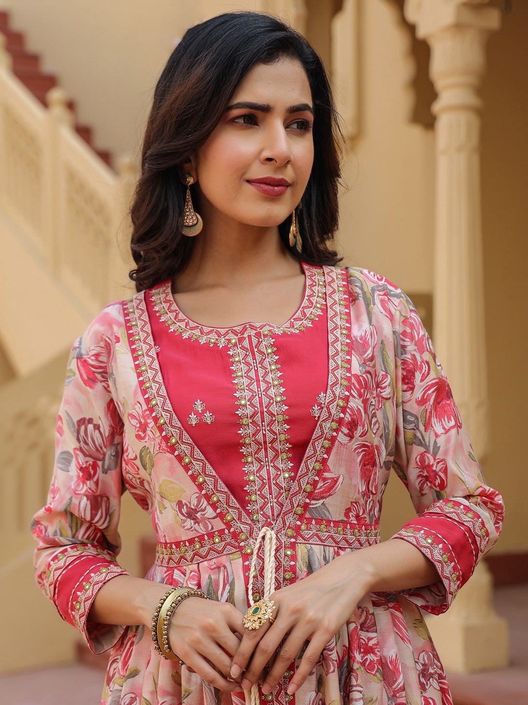 Yufta Pink Embroidered shrug Crop top co ord set - Swadesiicart
