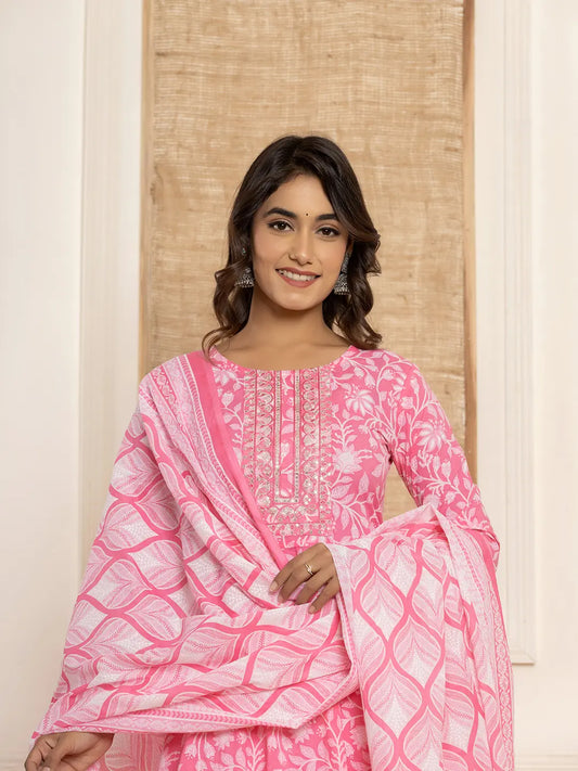 Yufta Pink Floral Print Anarkali Style Kurta And Trousers With Dupatta Set - Swadesiicart