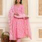 Yufta Pink Floral Print Anarkali Style Kurta And Trousers With Dupatta Set - Swadesiicart