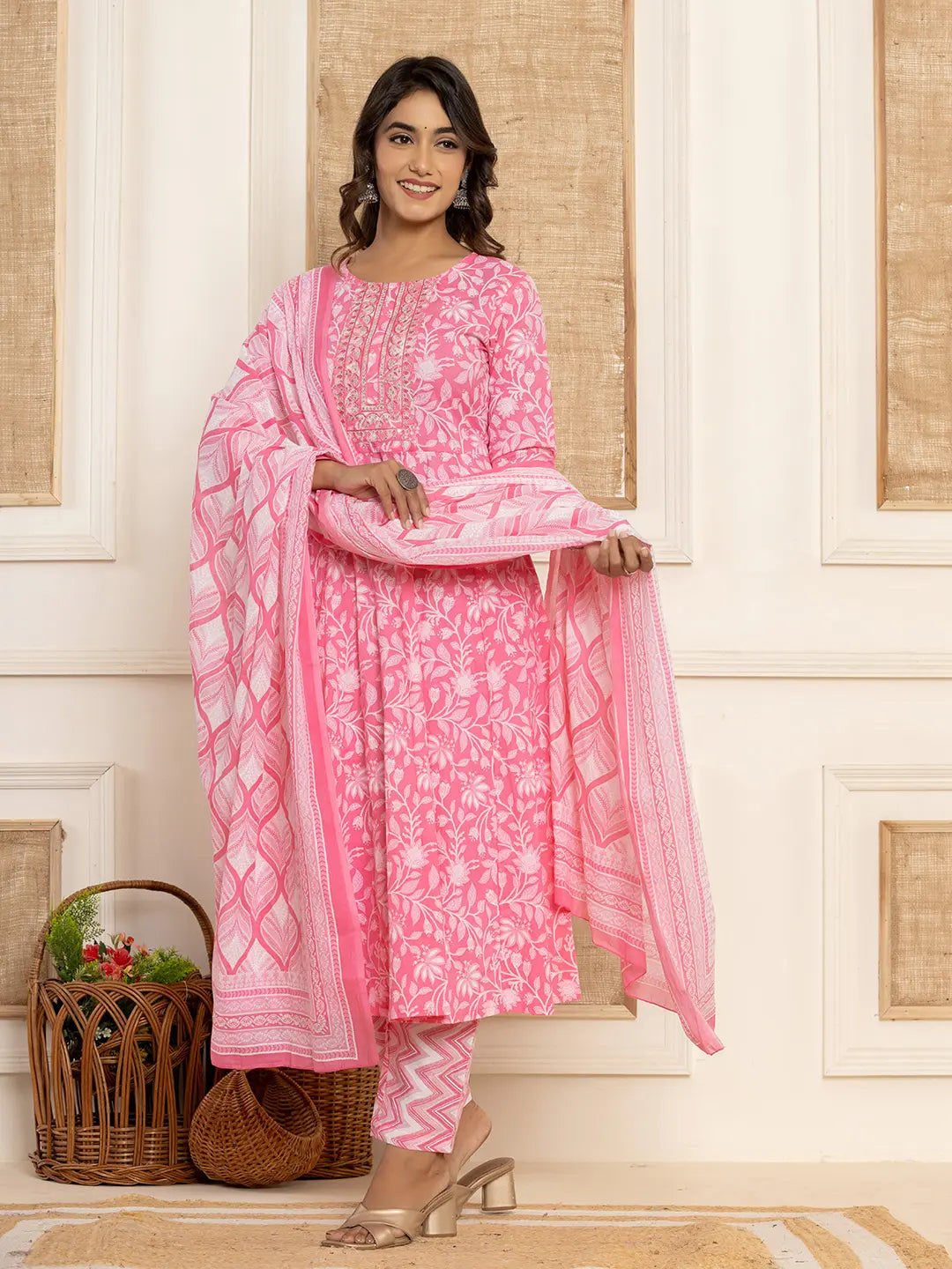 Yufta Pink Floral Print Anarkali Style Kurta And Trousers With Dupatta Set - Swadesiicart