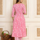 Yufta Pink Floral Print Anarkali Style Kurta And Trousers With Dupatta Set - Swadesiicart