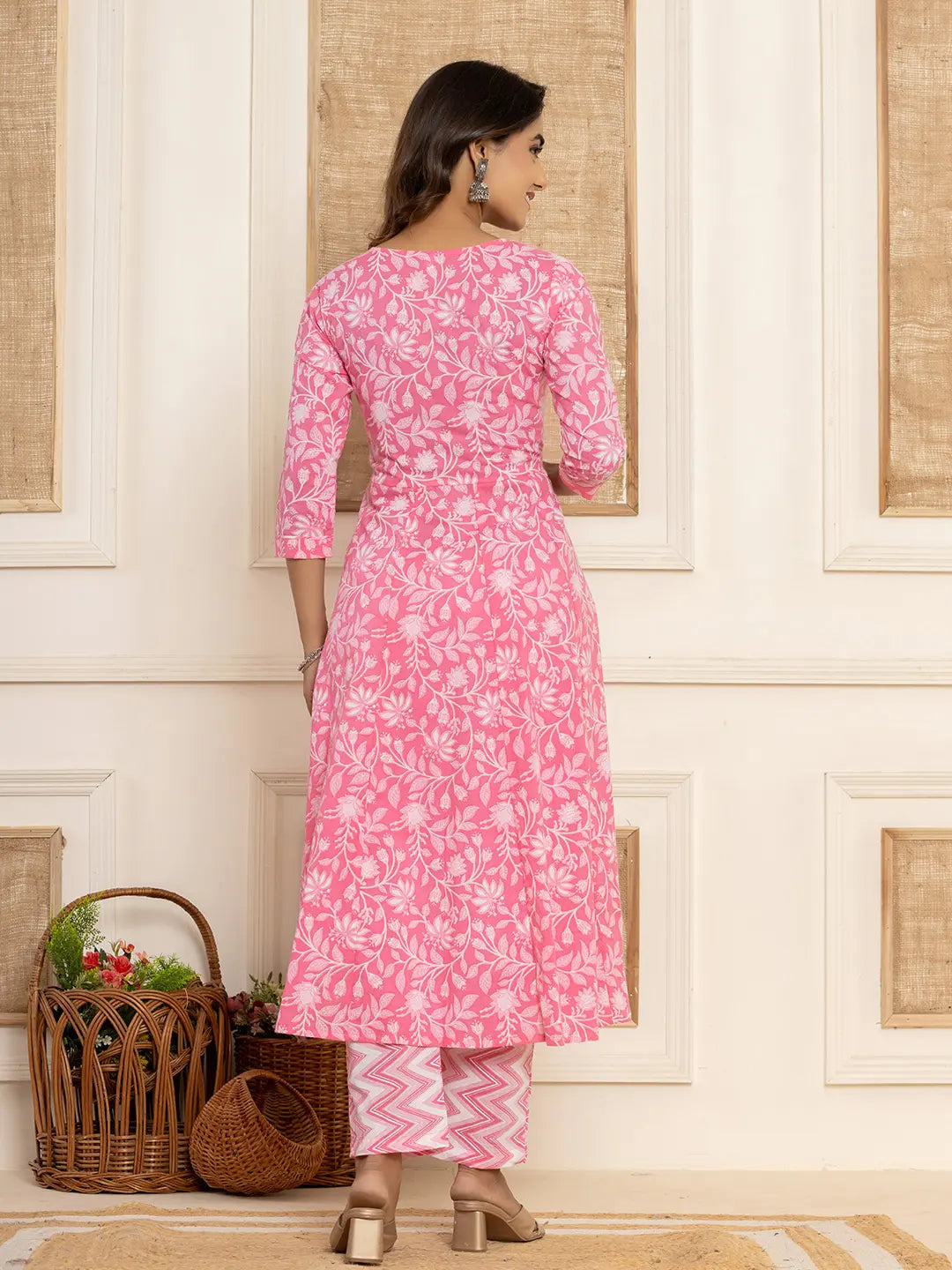 Yufta Pink Floral Print Anarkali Style Kurta And Trousers With Dupatta Set - Swadesiicart