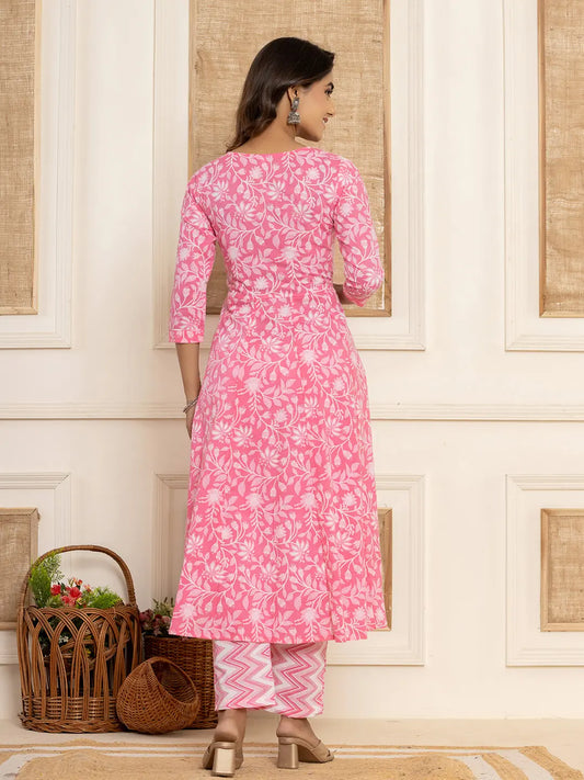 Yufta Pink Floral Print Anarkali Style Kurta And Trousers With Dupatta Set - Swadesiicart