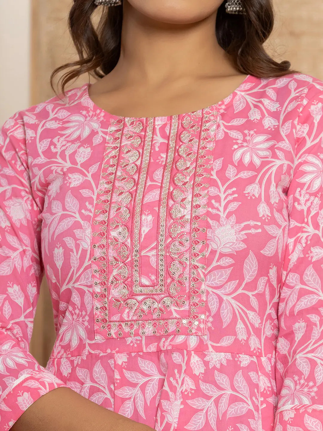 Yufta Pink Floral Print Anarkali Style Kurta And Trousers With Dupatta Set - Swadesiicart