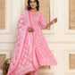 Yufta Pink Floral Print Anarkali Style Kurta And Trousers With Dupatta Set - Swadesiicart
