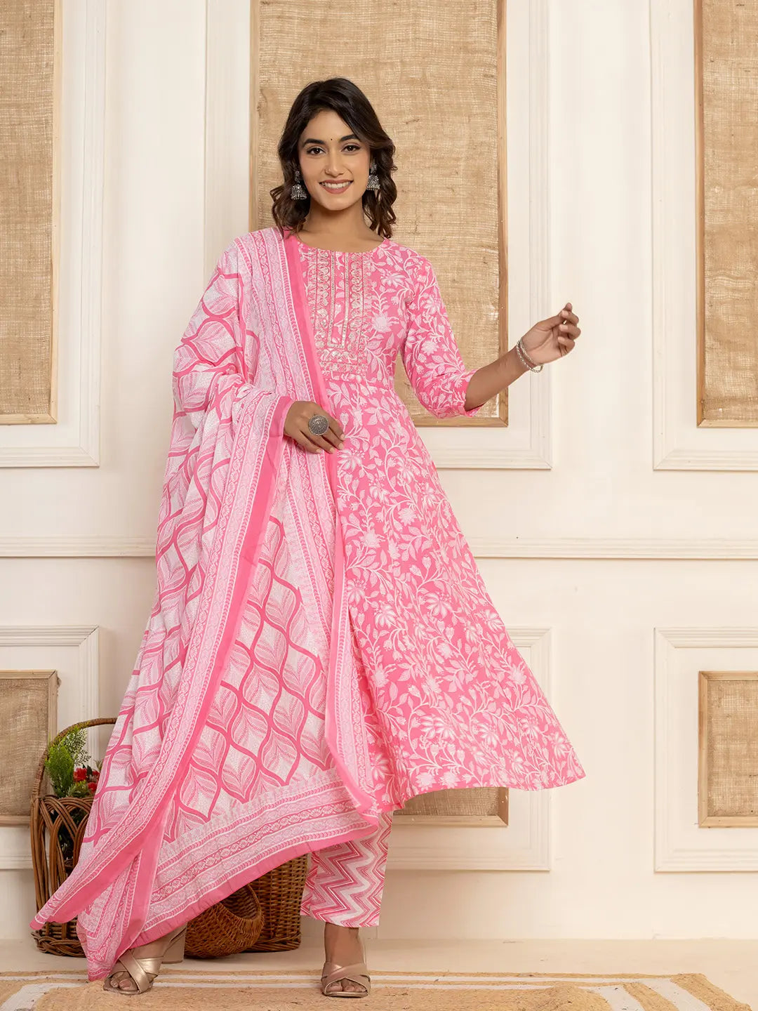 Yufta Pink Floral Print Anarkali Style Kurta And Trousers With Dupatta Set - Swadesiicart