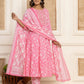 Yufta Pink Floral Print Anarkali Style Kurta And Trousers With Dupatta Set - Swadesiicart