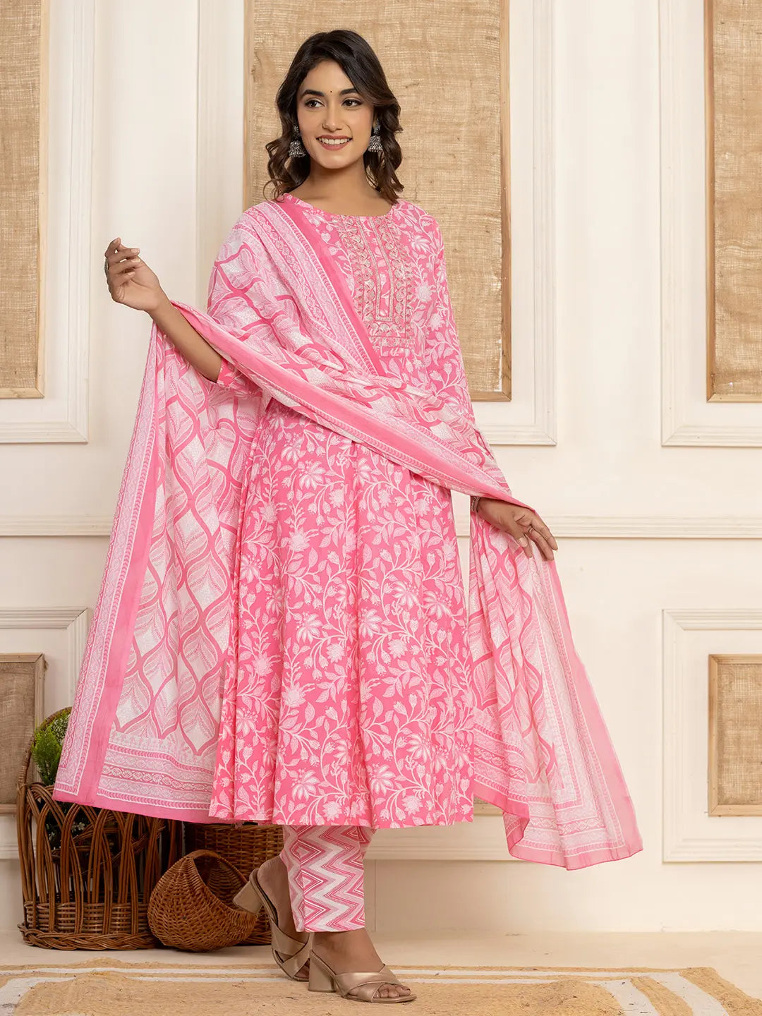 Yufta Pink Floral Print Anarkali Style Kurta And Trousers With Dupatta Set - Swadesiicart
