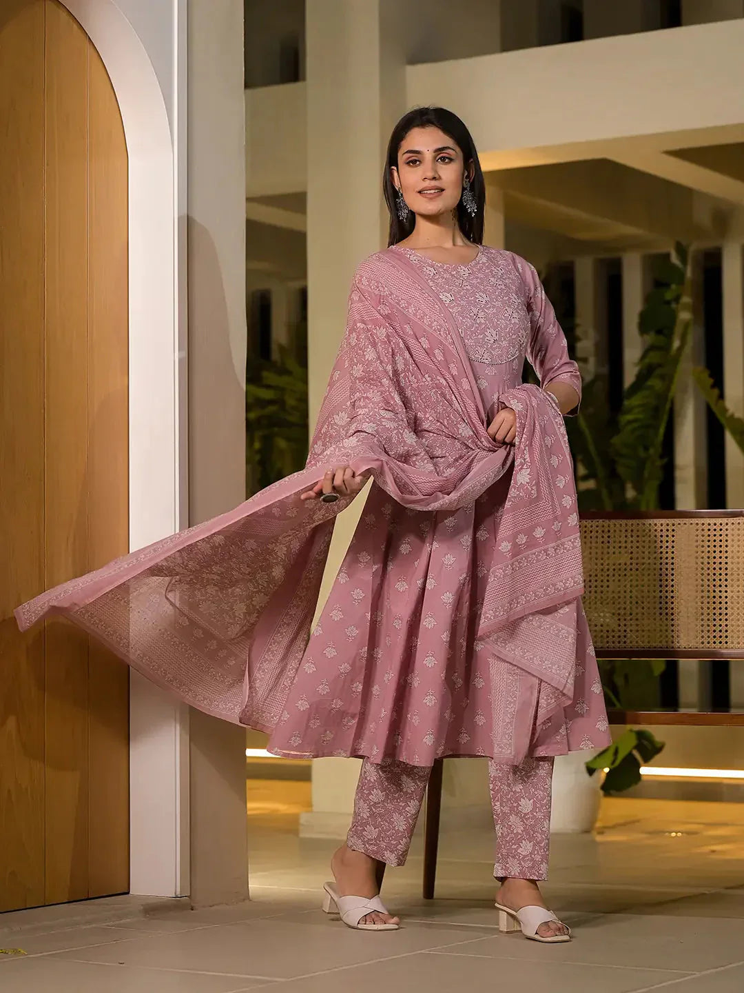 Yufta Pink Floral Print Cotton Anarkali Style Kurta With Trousers With Dupatta Set - Swadesiicart