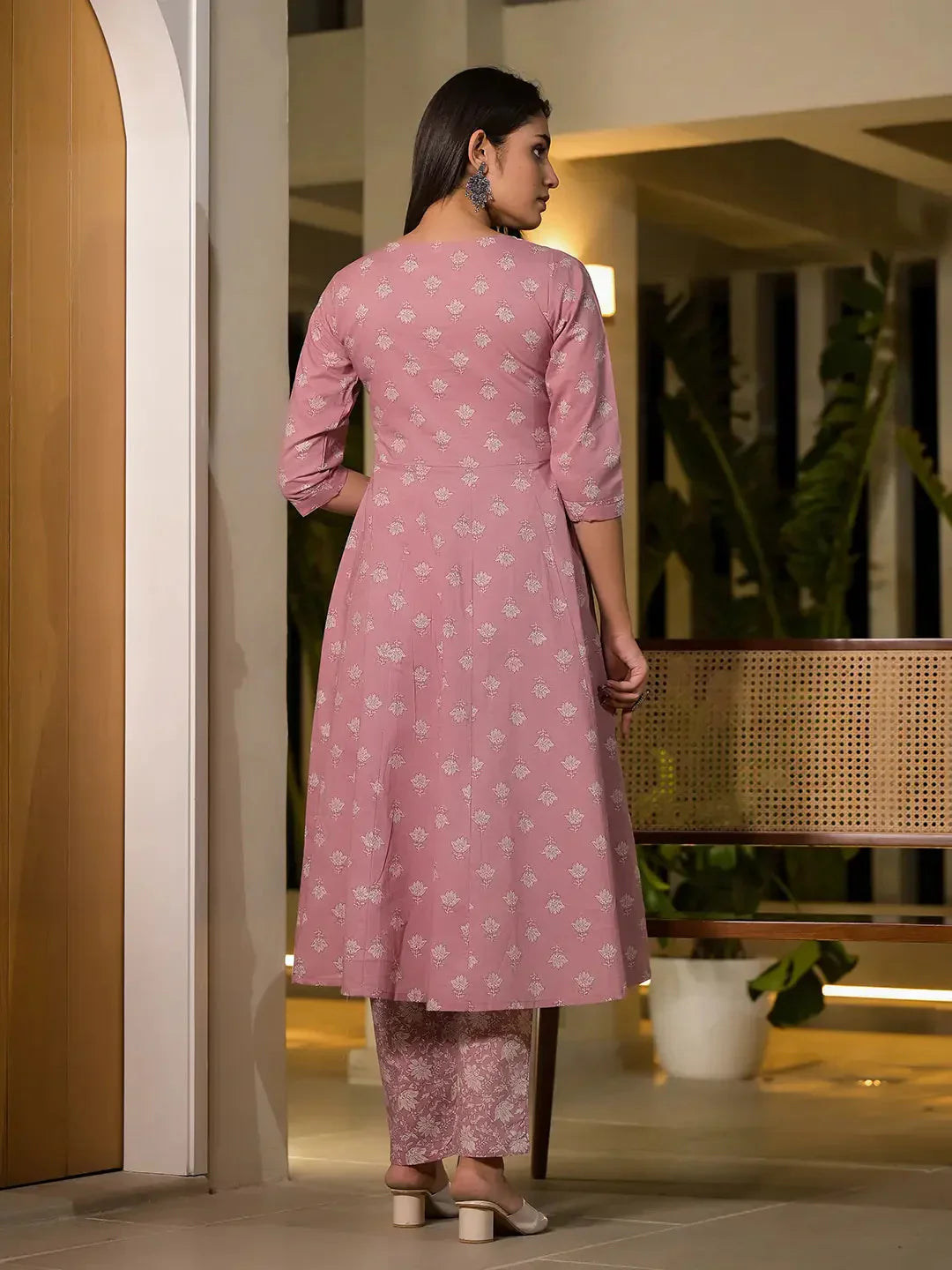 Yufta Pink Floral Print Cotton Anarkali Style Kurta With Trousers With Dupatta Set - Swadesiicart