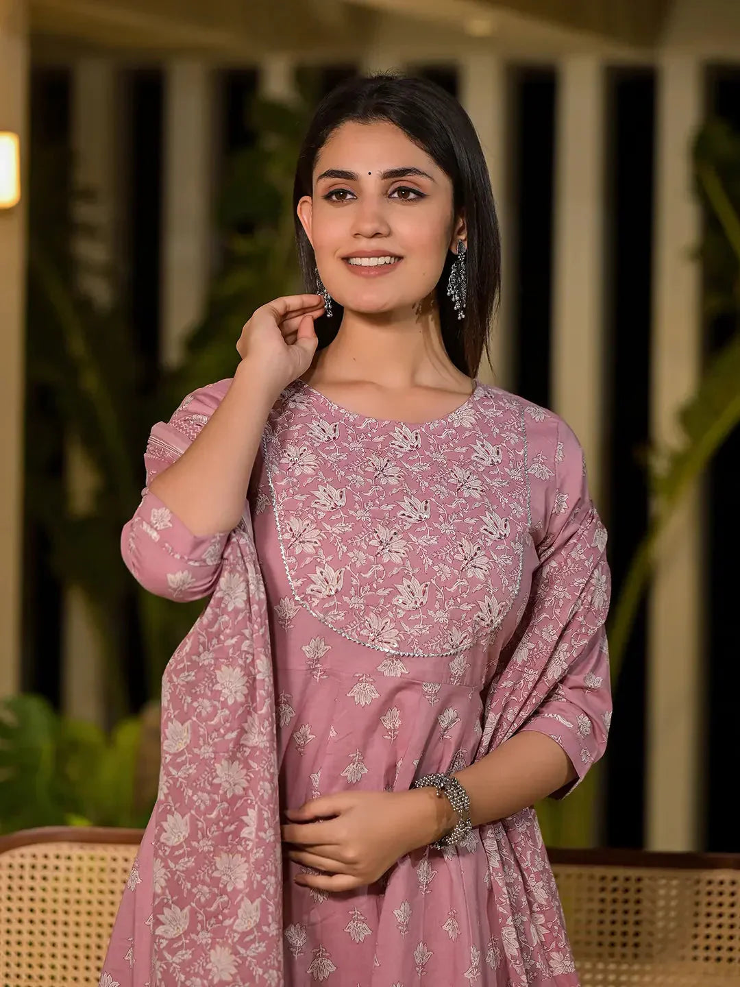 Yufta Pink Floral Print Cotton Anarkali Style Kurta With Trousers With Dupatta Set - Swadesiicart