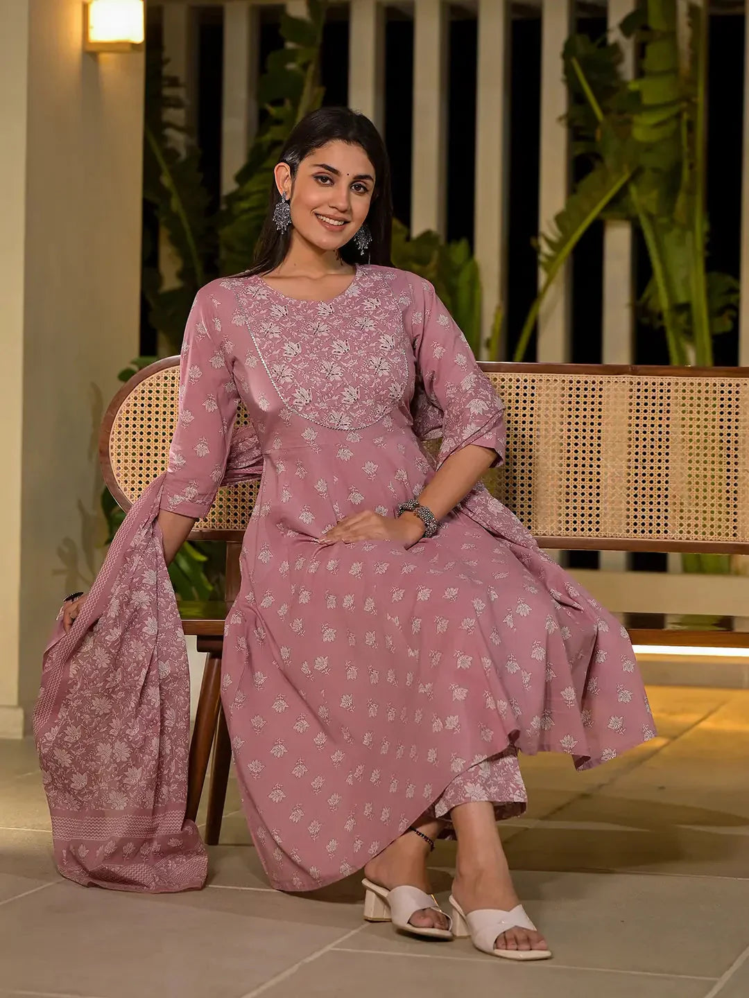 Yufta Pink Floral Print Cotton Anarkali Style Kurta With Trousers With Dupatta Set - Swadesiicart