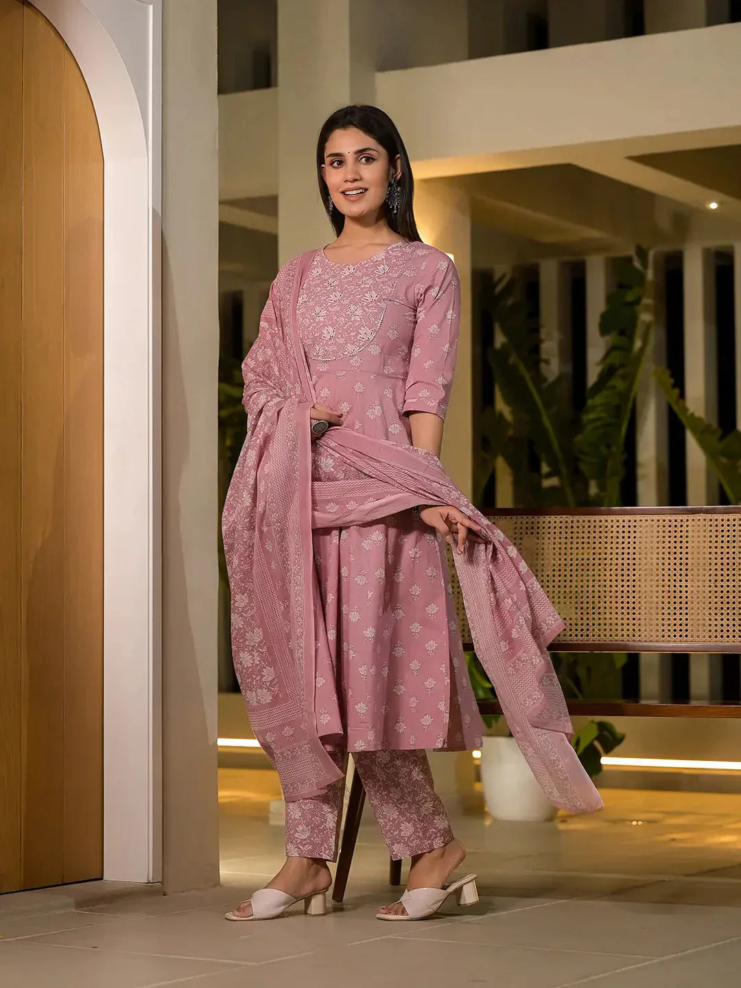 Yufta Pink Floral Print Cotton Anarkali Style Kurta With Trousers With Dupatta Set - Swadesiicart